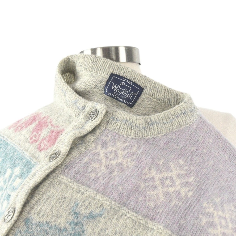 80s Vintage Woolrich Wool Cardigan Womens S Pastel Fair Isle Snowflake Sweater - Picture 4 of 7